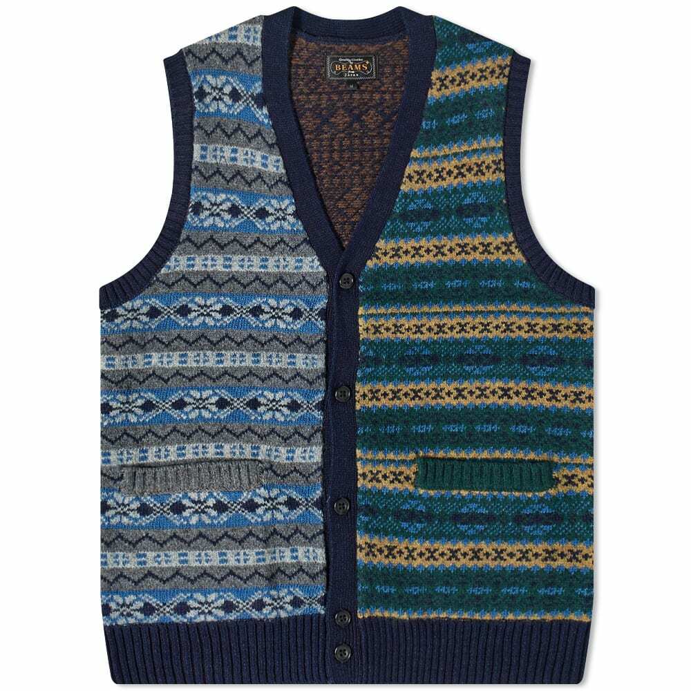 Beams Plus Men's Indigo Fair Isle Button Knit Vest in Panel Beams Plus