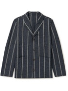 Lardini - Shawl-Collar Striped Stretch-Cotton and Linen-Blend Overshirt - Blue