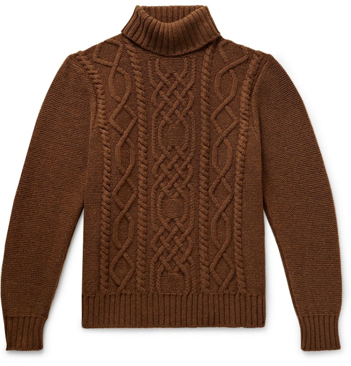Photo: Inis Meáin - Celebration Cable-Knit Merino Wool Rollneck Sweater - Brown
