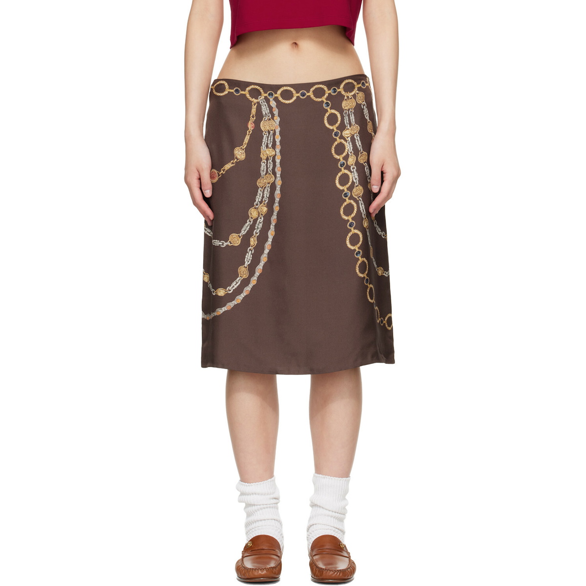 Versace Brown Printed Silk Twill Pencil MIdi Skirt
