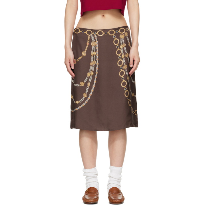 Photo: Versace Brown Printed Silk Twill Pencil MIdi Skirt