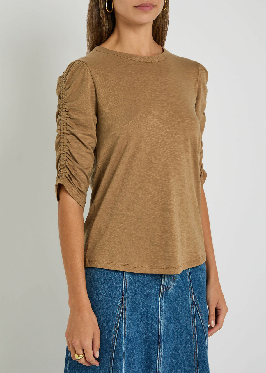 Veronica Beard Waldorf Ruched Slubbed Cotton T-shirt Light Tan
