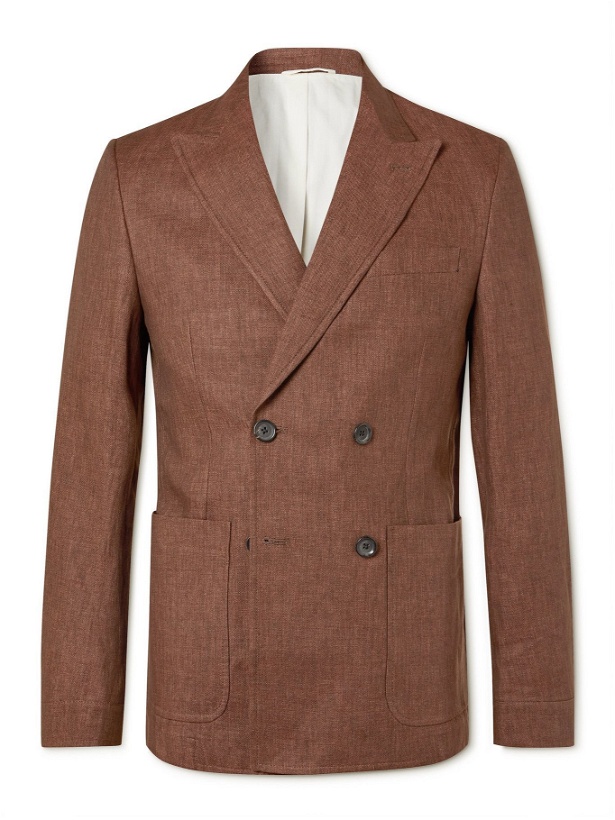Photo: OLIVER SPENCER - Unstructured Double-Breasted Linen Suit Jacket - Brown