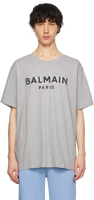 Photo: Balmain Gray Metallic Flocked T-Shirt
