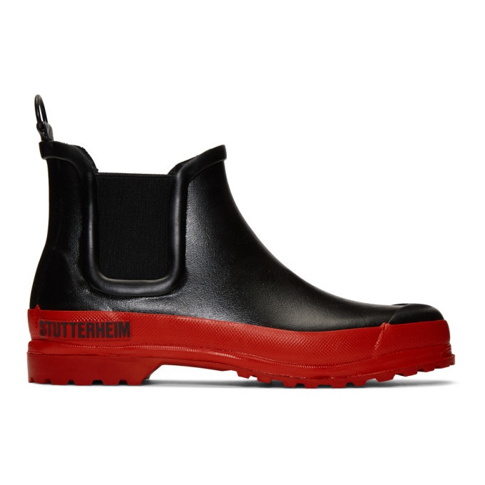 Photo: Stutterheim Black and Red Rainwalker Chelsea Boots