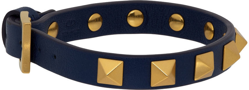Valentino Garavani Navy Leather Studded Bracelet