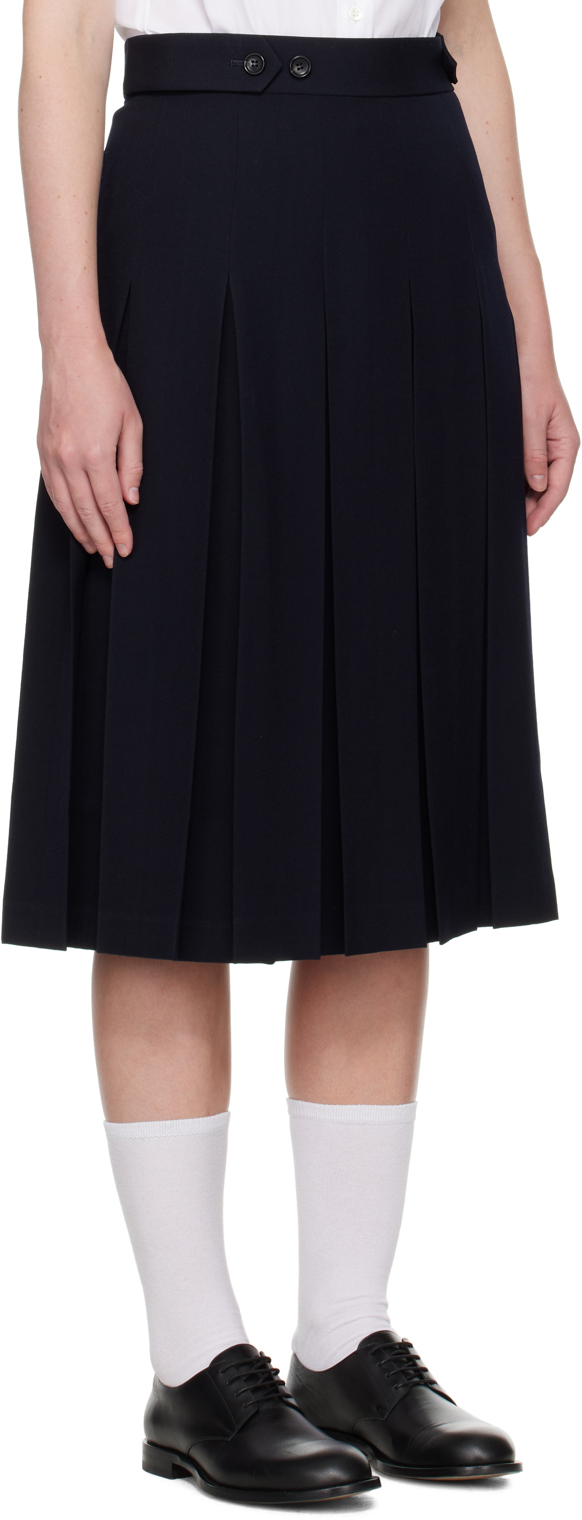 Comme des Garçons Girl Navy Wool Pleated Waist Button Midi Skirt