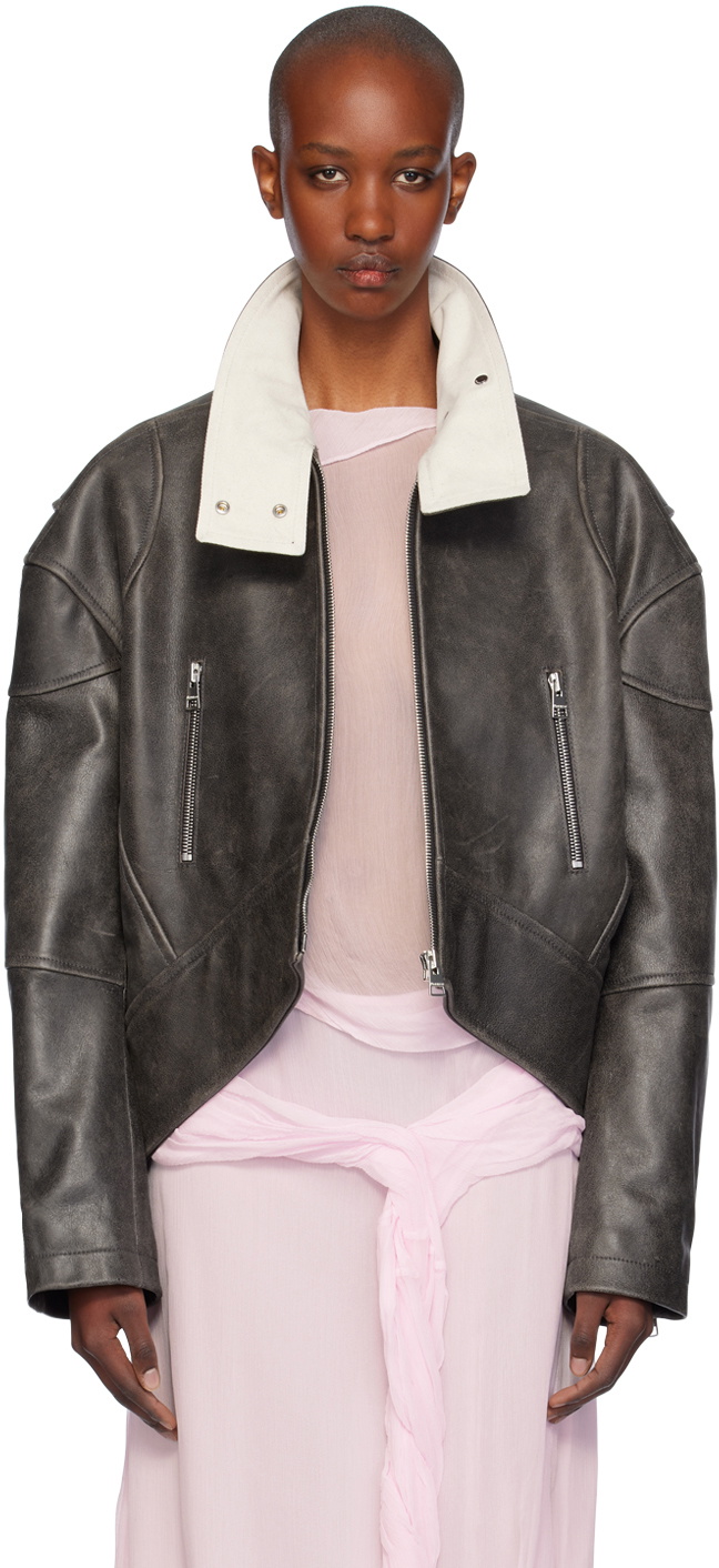 JW Anderson Gray Curved Hem High Neck Leather Jacket JW Anderson