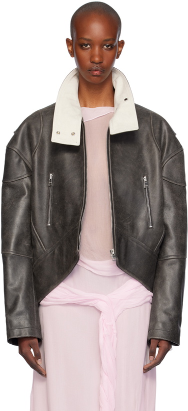 Photo: JW Anderson Gray Curved Hem High Neck Leather Jacket