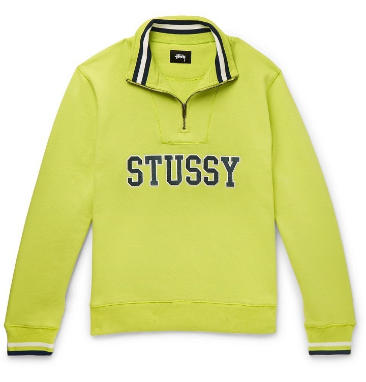 Photo: Stüssy - Logo-Embroidered Fleece-Back Cotton-Jersey Half-Zip Sweatshirt - Bright green