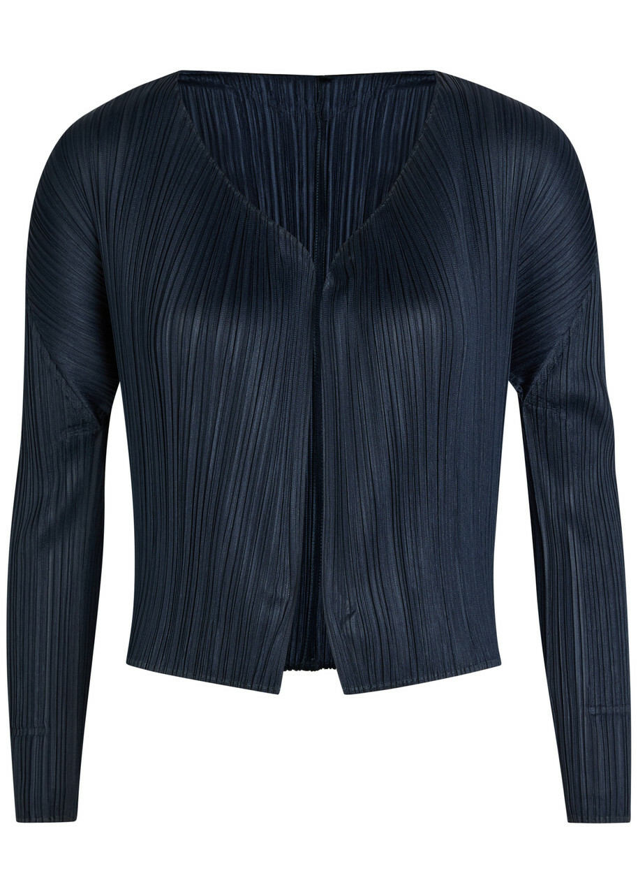 Pleats Please Issey Miyake Pleated Woven Cardigan Navy