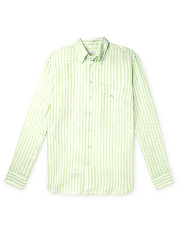 Photo: Etro - Logo-Embroidered Striped Linen Shirt - Green