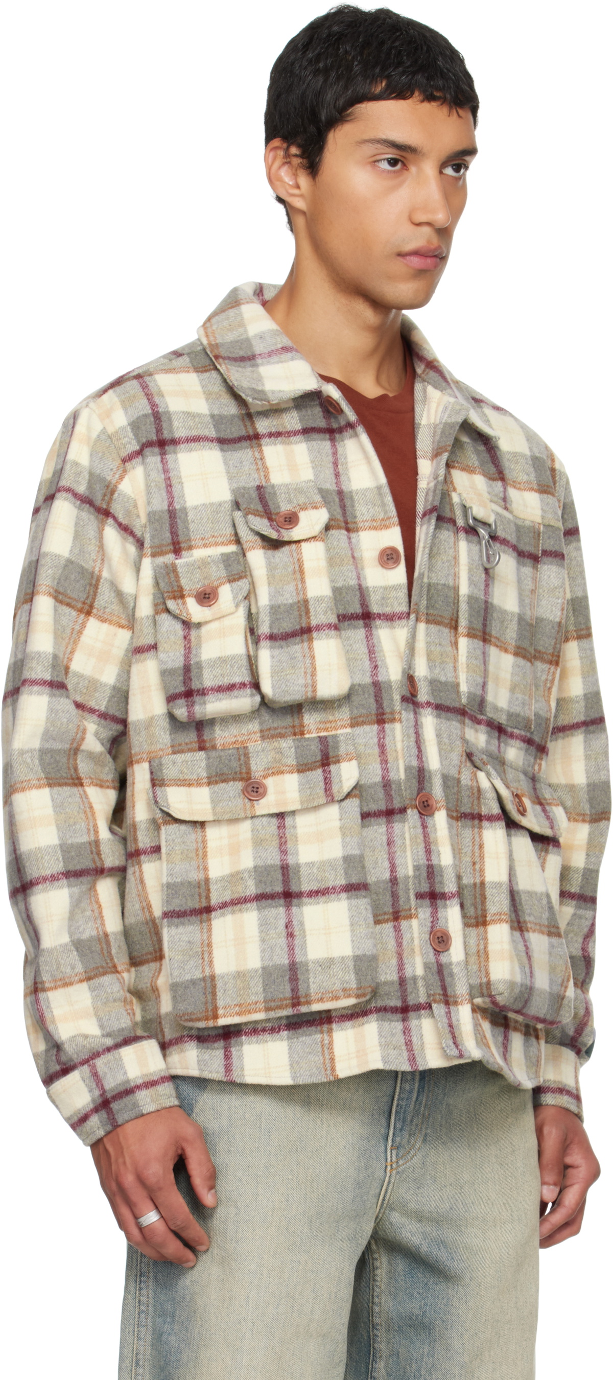 Reese Cooper Gray & Beige Milled Flannel Cargo Button Down Shirt