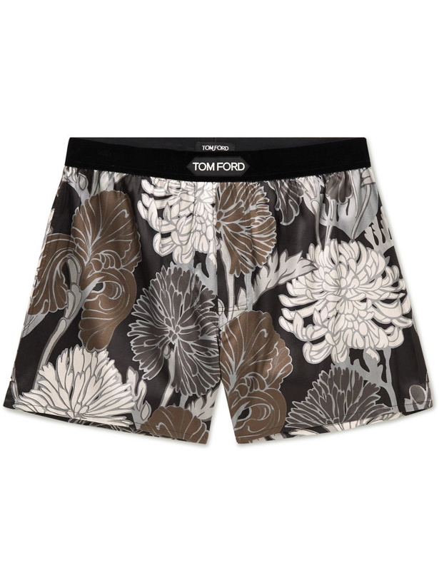 Photo: TOM FORD - Velvet-Trimmed Floral-Print Stretch-Silk Satin Boxer Shorts - Gray
