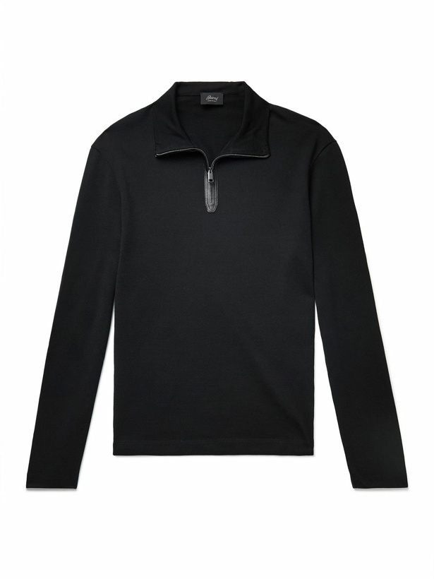 Photo: Brioni - Leather-Trimmed Wool Half-Zip Sweater - Black