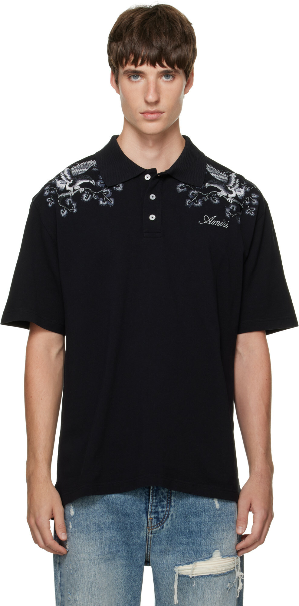 AMIRI Black Floral Embroidered Polo