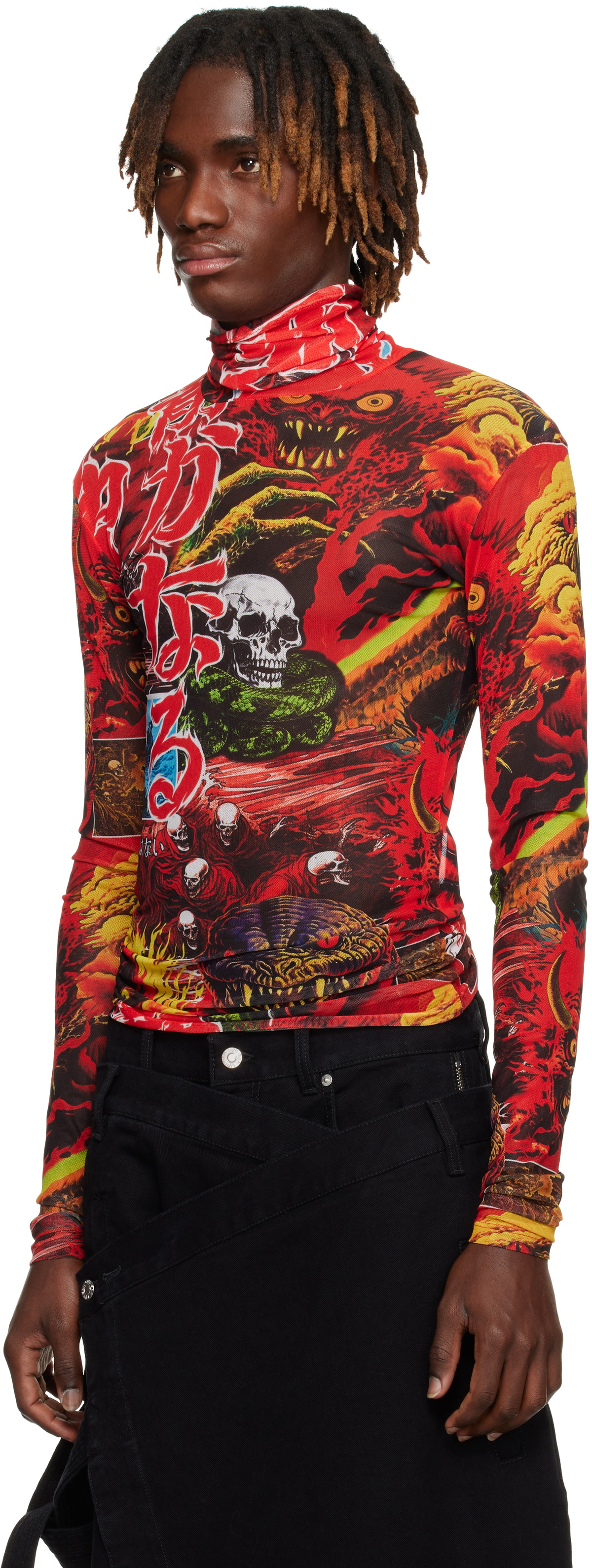 LU'U DAN Red Masked Mesh Turtleneck