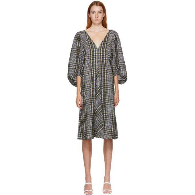 ganni green plaid dress Ganni Green Woven Plaid Puff Sleeve Mock Neck Mini Dress Size 34  Mine &  Yours