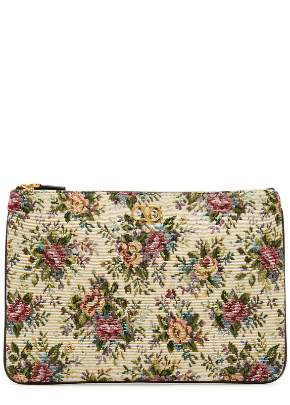 Photo: Valentino Garavani Floral-jacquard Woven Pouch - Cream - One Size