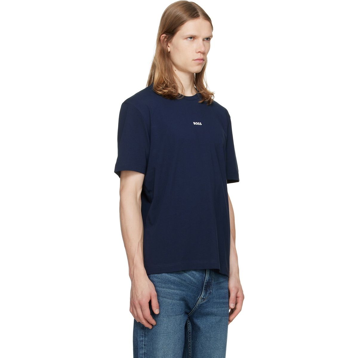 BOSS Navy Stretch-Cotton Contrast Logo T-shirt