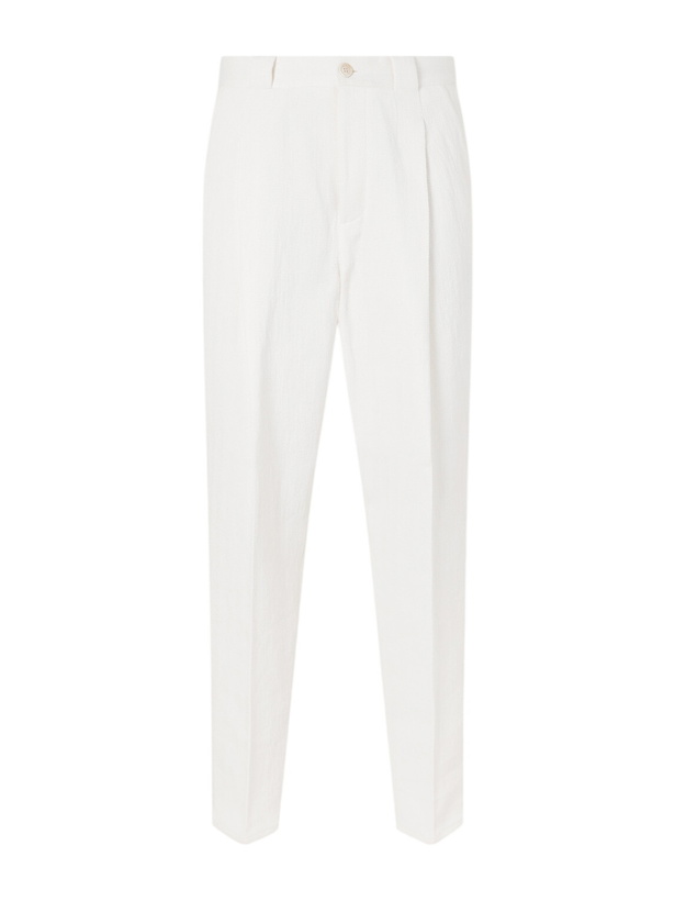 Photo: Brunello Cucinelli - Straight-Leg Pleated Herringbone Cotton and Linen-Blend Trousers - White