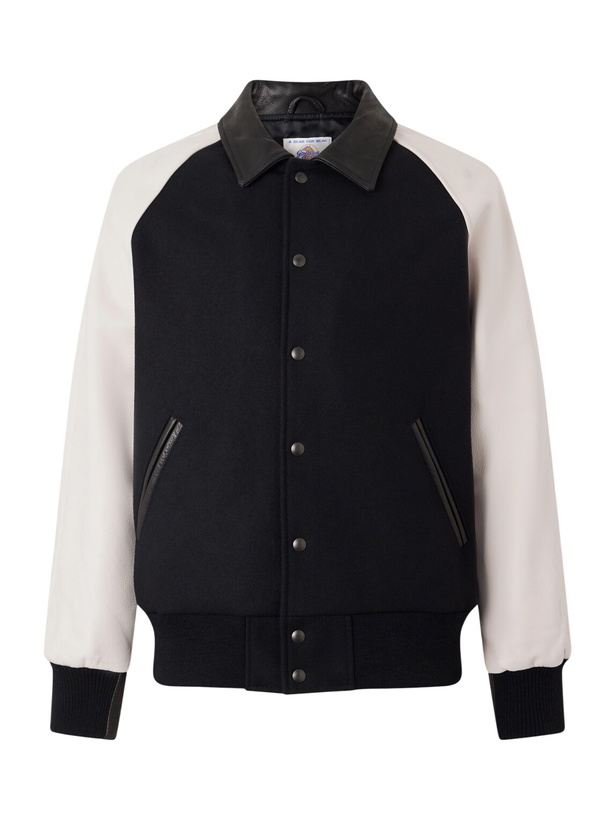 Photo: Golden Bear - Collared Raglan Leather Trimmed Wool-Blend Bomber Jacket - Black