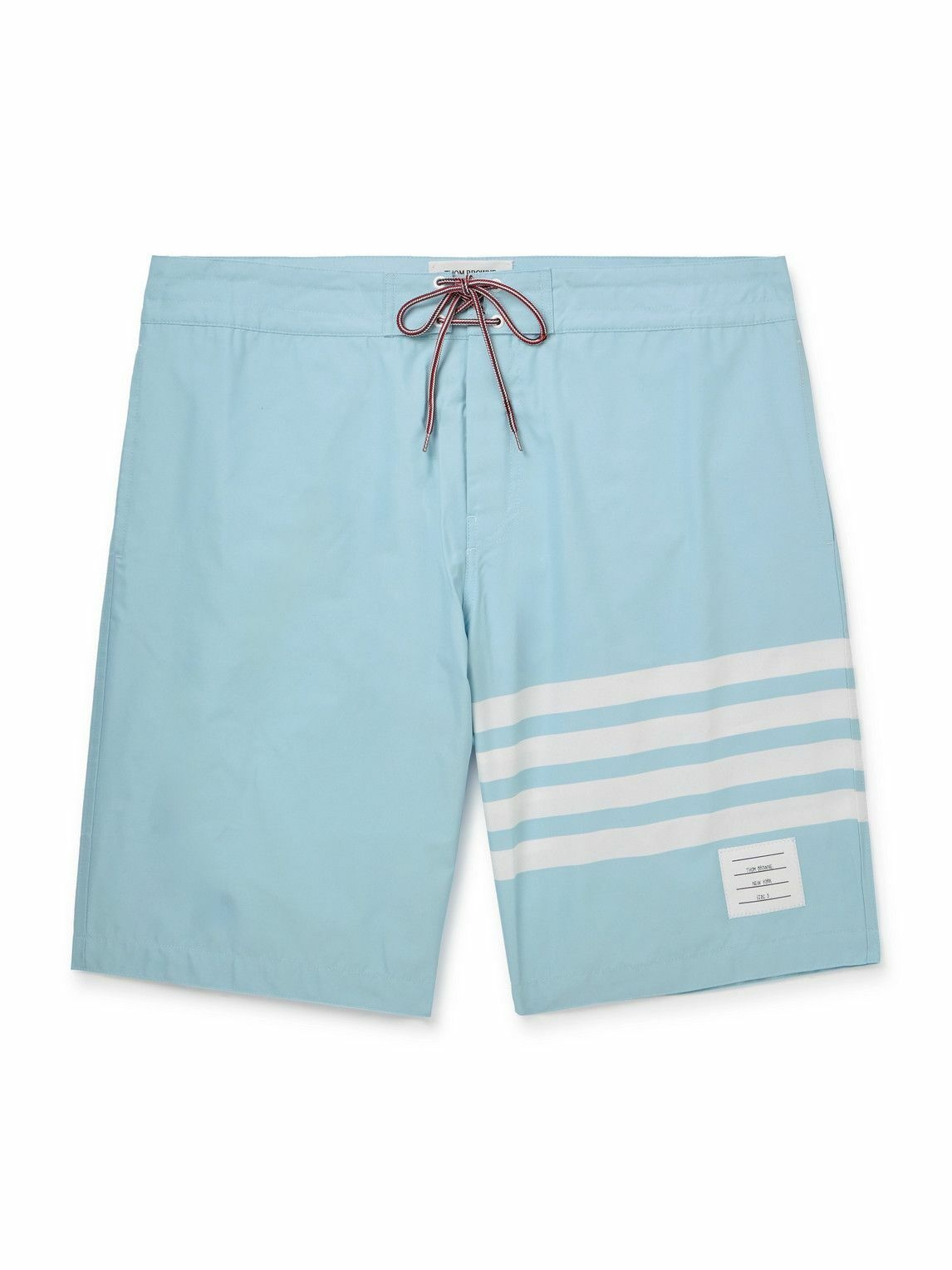 Photo: Thom Browne - Straight-Leg Long-Length Logo-Appliquéd Striped Swim Shorts - Blue