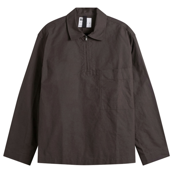 Photo: MHL by Margaret Howell Men's Long Sleeve Half Zip Pull On Shirt in Earth