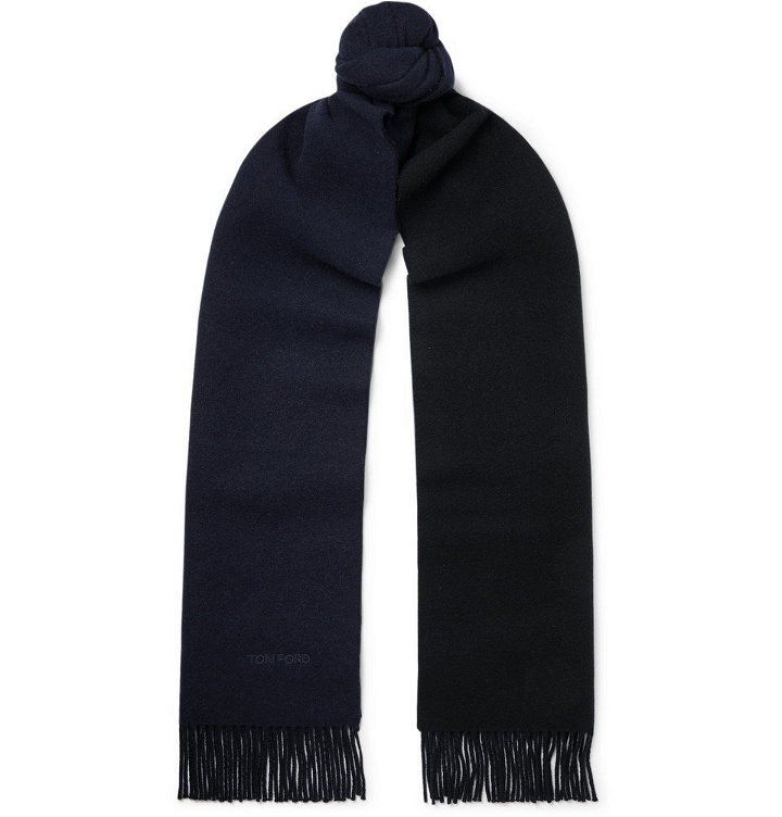 Photo: TOM FORD - Reversible Fringed Logo-Embroidered Wool and Cashmere-Blend Scarf - Midnight blue