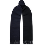 TOM FORD - Reversible Fringed Logo-Embroidered Wool and Cashmere-Blend Scarf - Midnight blue