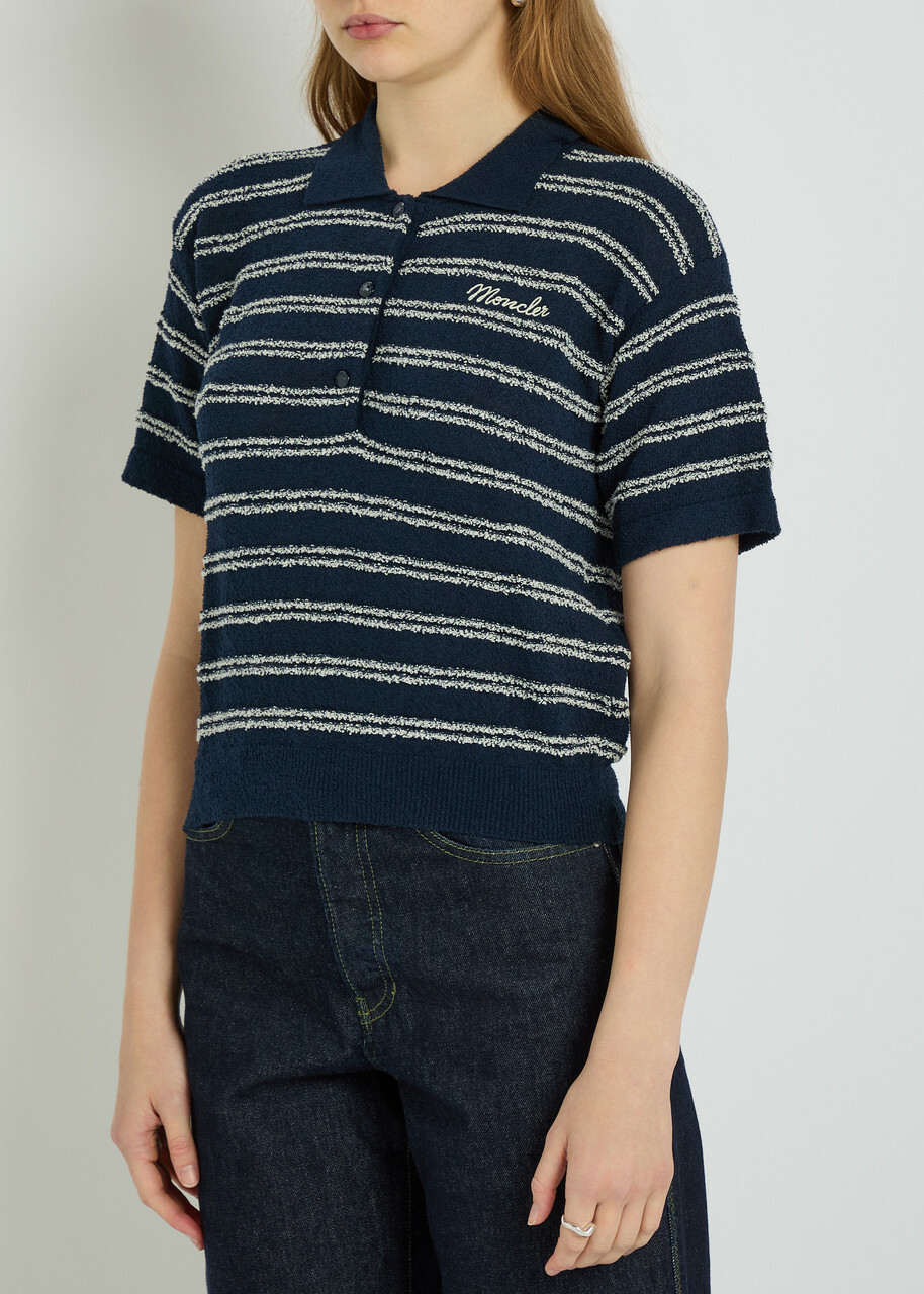 Moncler Striped Logo Terry Polo Shirt Navy