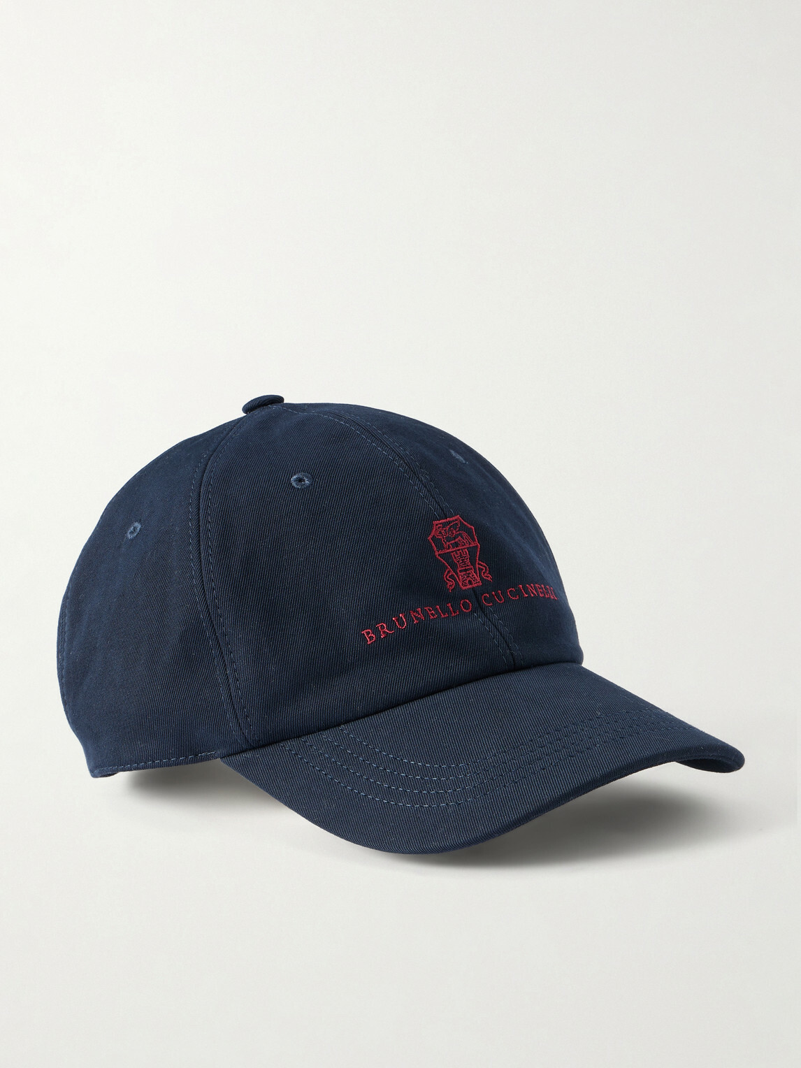 Brunello Cucinelli - Logo-Embroidered Leather-Trimmed Cotton-Twill Baseball Cap - Blue