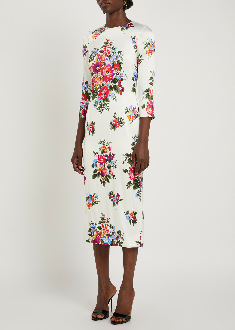 Dolce & Gabbana Floral-print Satin Midi Dress White
