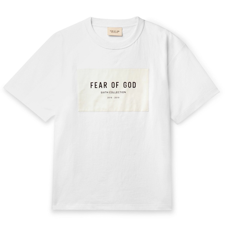Photo: Fear of God - Oversized Logo-Appliquéd Mélange Cotton-Blend Jersey T-Shirt - White