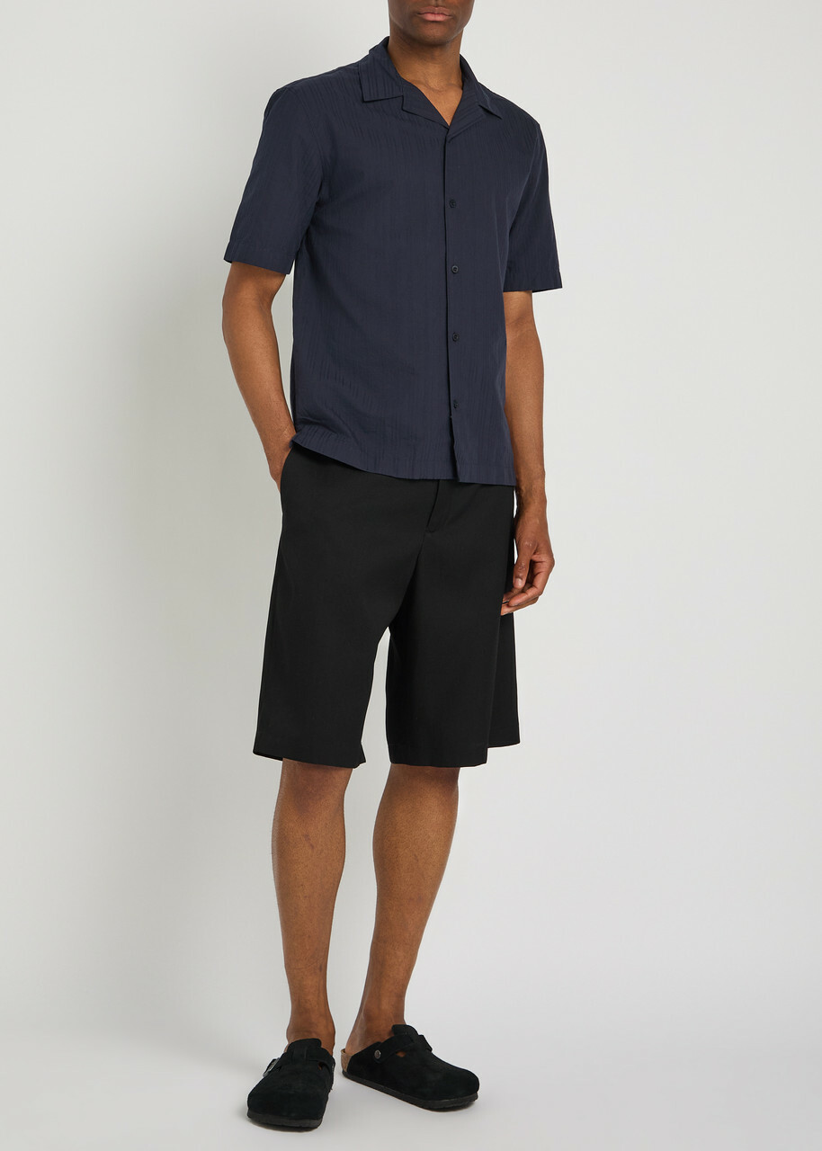 Sunspel Striped Embroidered Cotton Shirt Navy