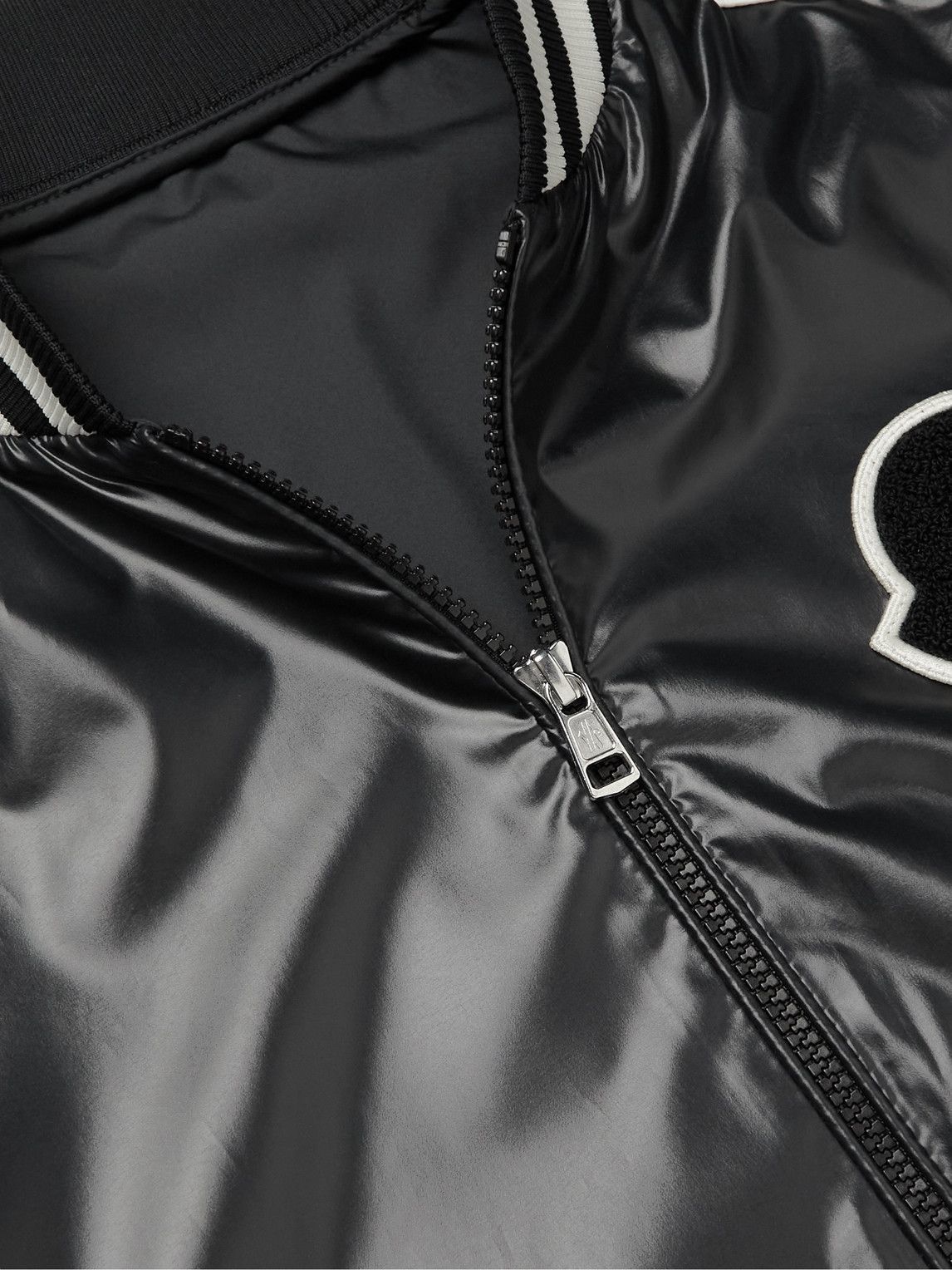 Moncler - Dayu Striped Logo-Appliquéd Glossed-Shell Bomber Jacket