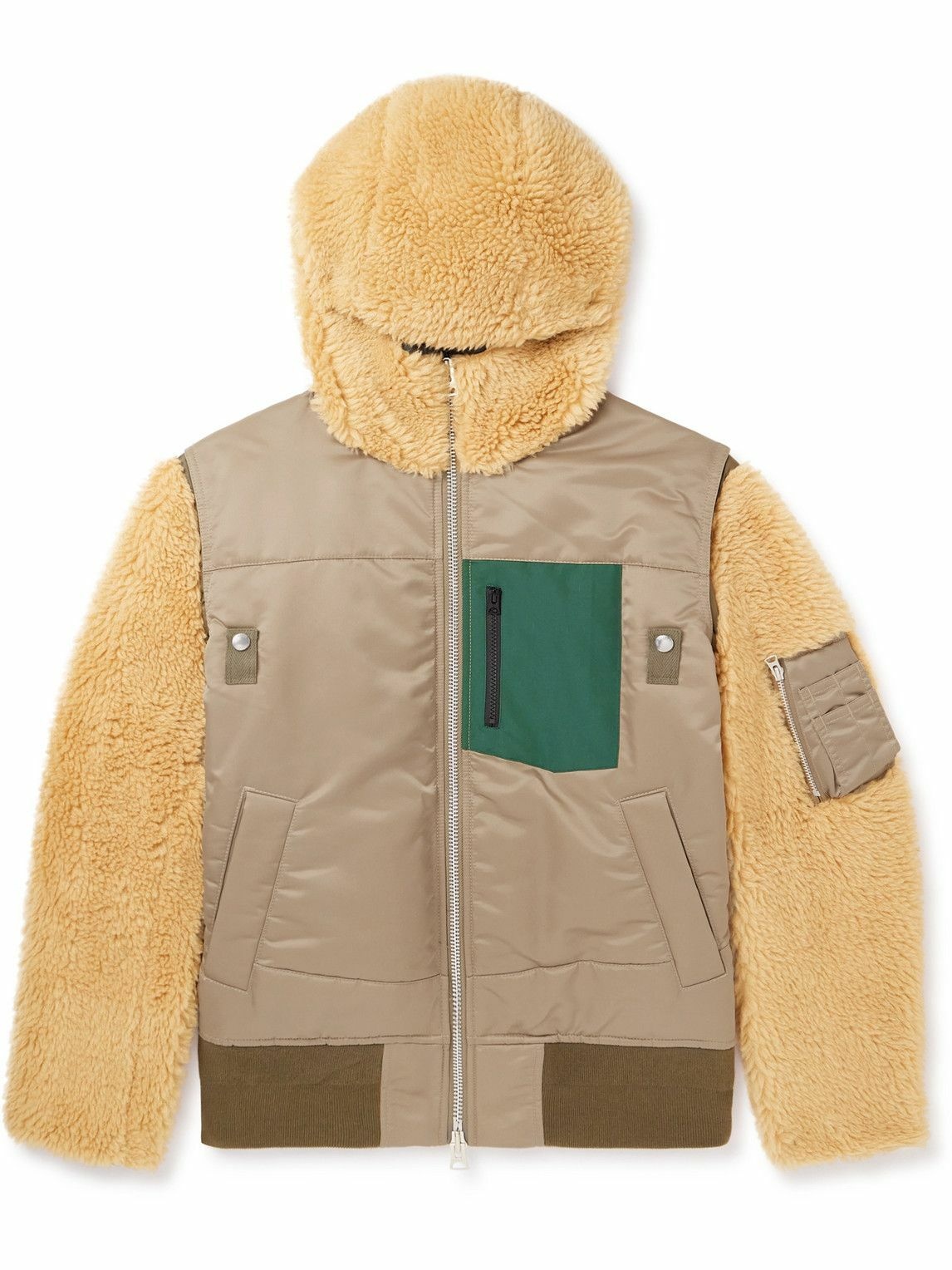 Photo: Sacai - Faux Shearling-Trimmed Nylon-Twill Hooded Bomber Jacket - Neutrals