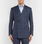 Kingsman - Harry's Navy Double-Breasted Checked Wool, Silk and Linen-Blend Suit Jacket - Blue