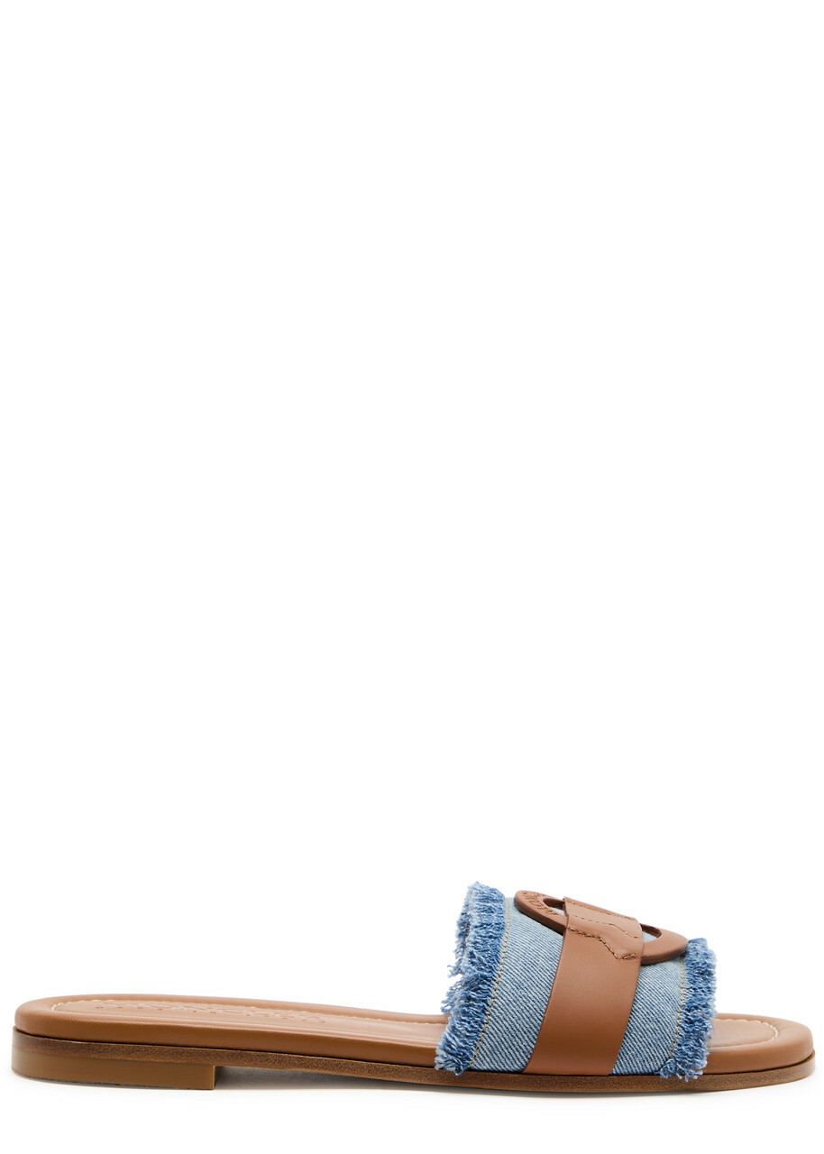 Moncler Bell Denim and Leather Sliders Blue