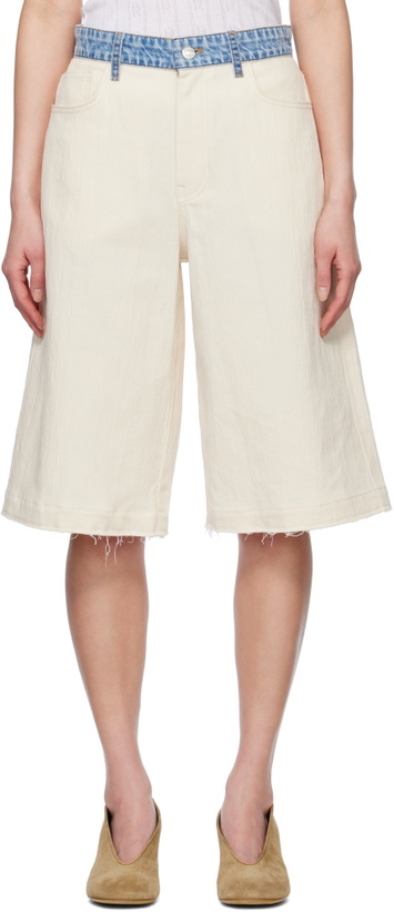 Photo: Moschino Jeans Beige & Blue Textured Cotton Hemp Shorts