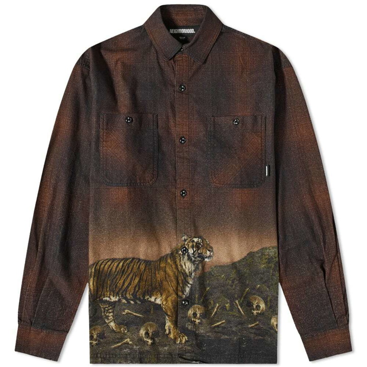 Photo: Neighborhood Men's Tiger Print Plaid Shirt in Brown