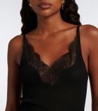 Saint Laurent Lace-trimmed ribbed-knit silk bodysuit