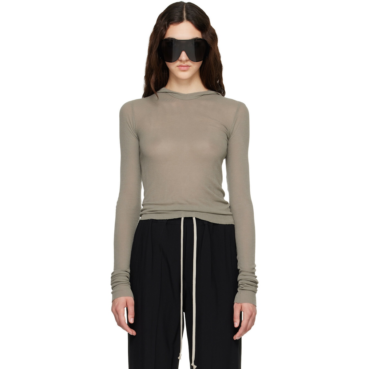 Rick Owens Taupe Tower Cropped Hooded Rib LS T-shirt
