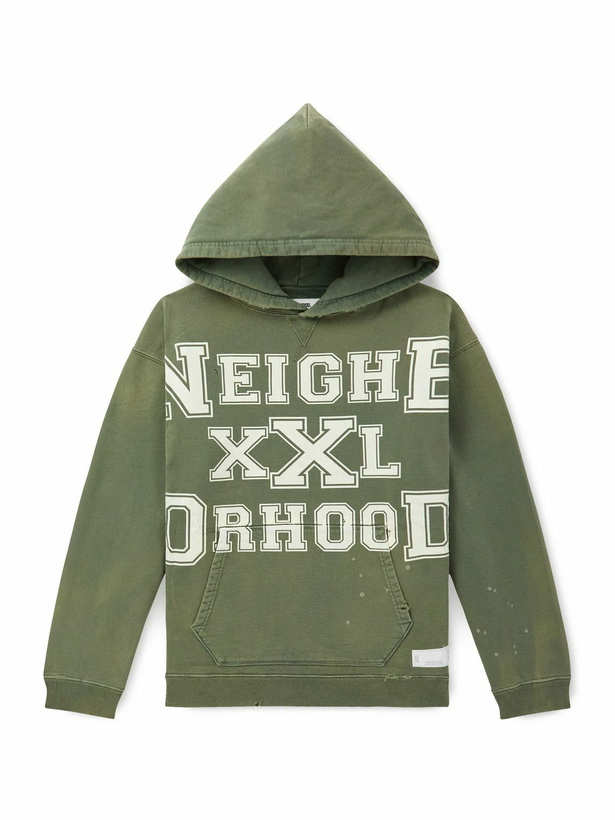Photo: Neighborhood - Savage Logo-Print Distressed Cotton-Jersey Hoodie - Green