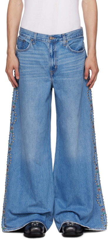 Photo: Anna Sui SSENSE Exclusive Blue Studded Wide-Leg Jeans