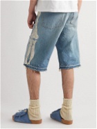 KAPITAL - Wide-Leg Distressed Appliquéd Denim Shorts - Blue
