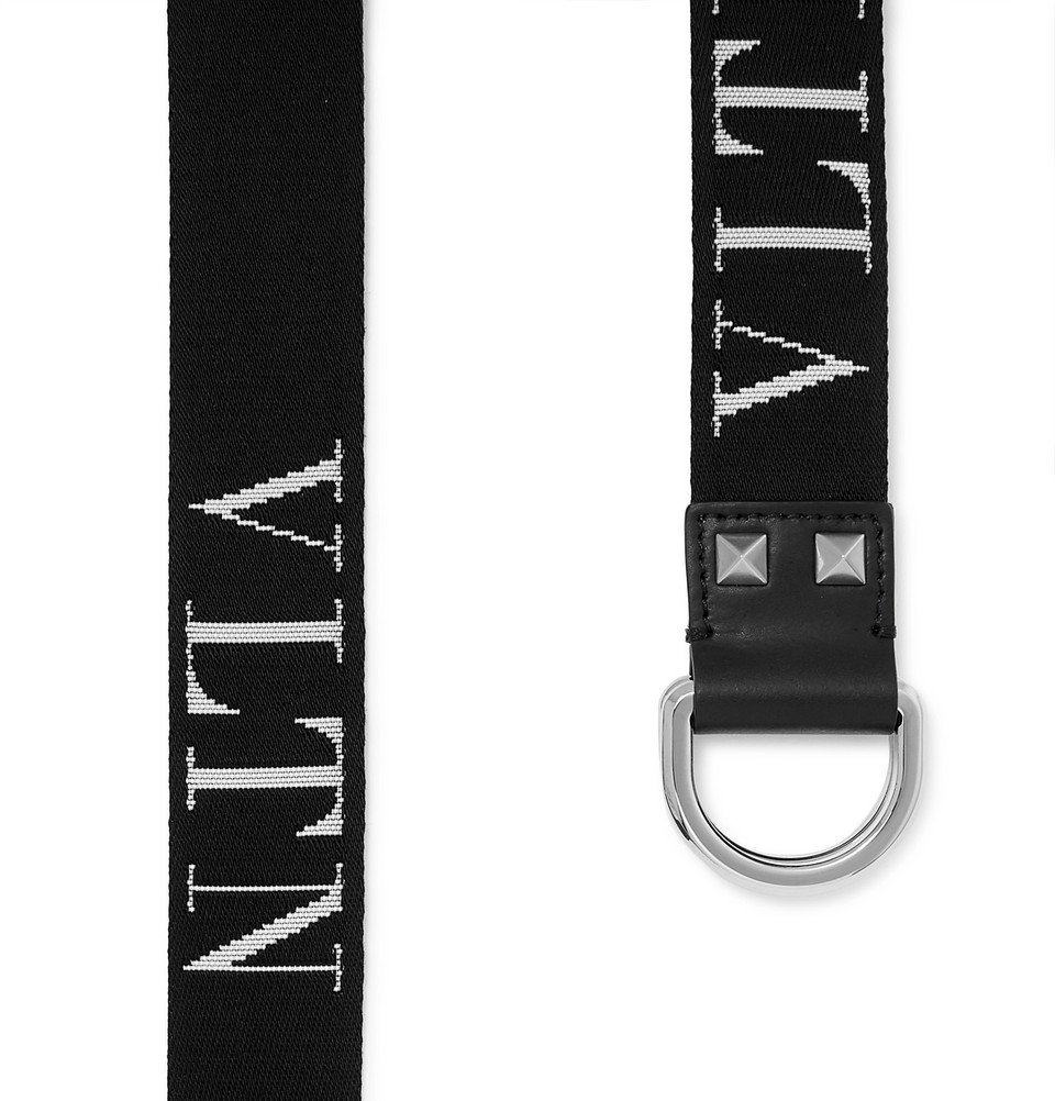 V Logo Jacquard Leather Trimmed Belt in Black - Valentino Garavani