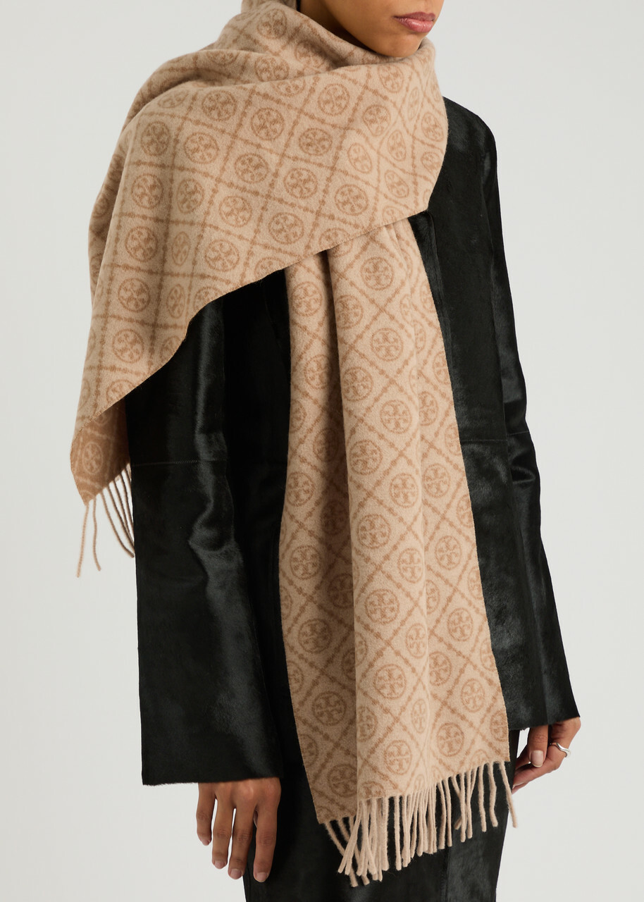 Tory Burch Logo-monogrammed Wool-blend Scarf - Camel - One Size