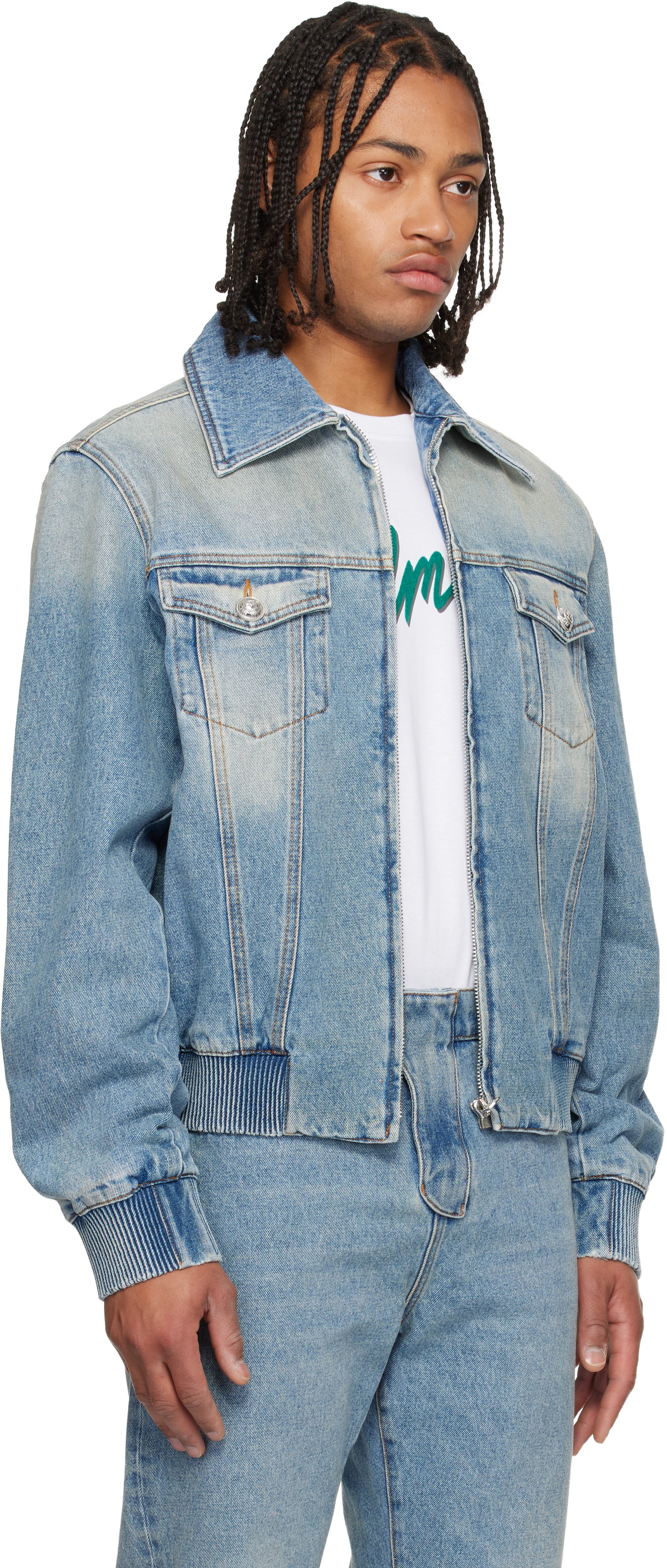 Balmain Blue Cropped Lined Denim Jacket