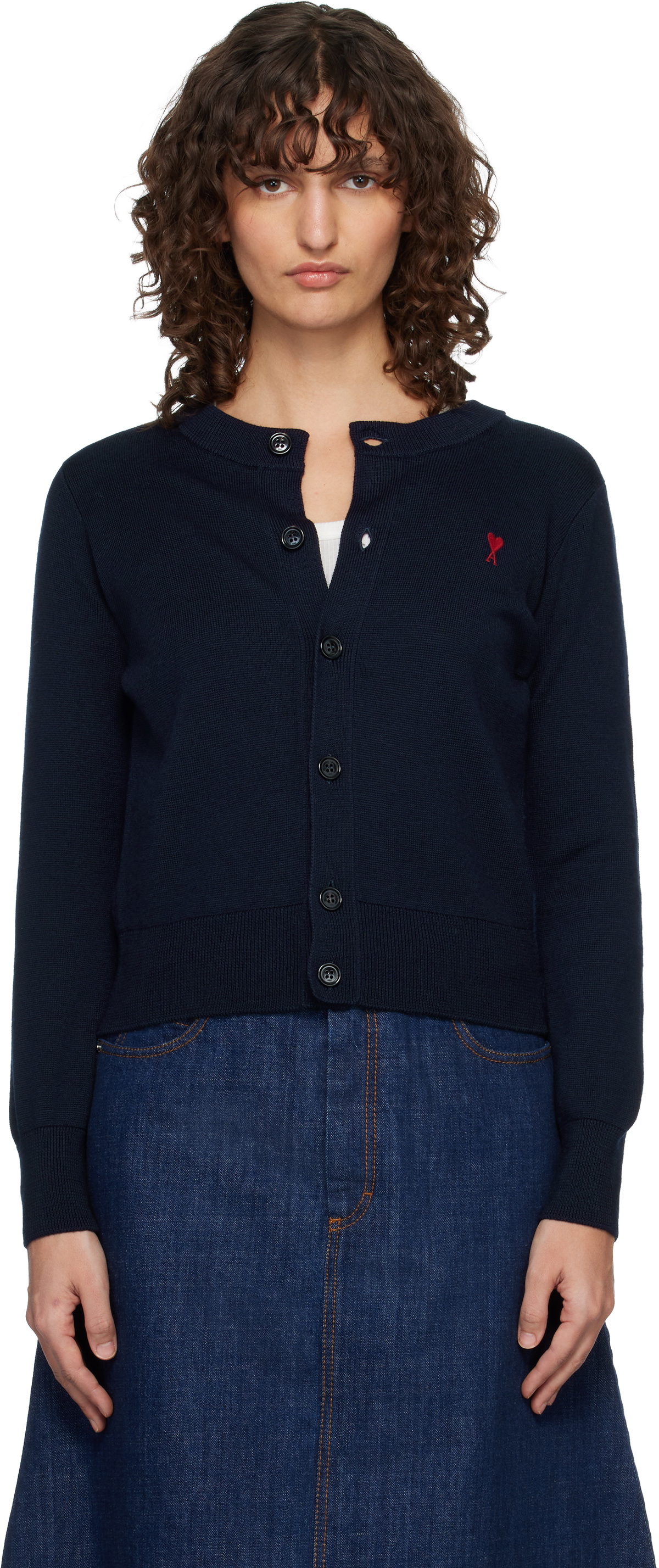 AMI Paris Navy Wool Crewneck Ami de Coeur Cardigan